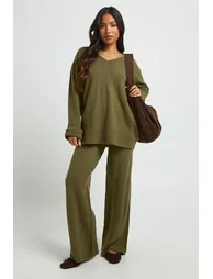 Petite V Neck Button Cuff Jumper and Wide Leg Trouser Co-Ord - khaki - 1