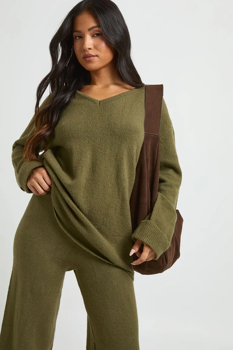 Petite V Neck Button Cuff Jumper and Wide Leg Trouser Co-Ord - khaki - 3
