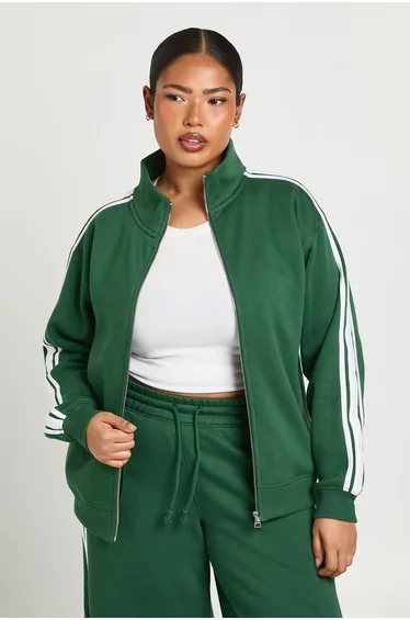 Plus Funnel Neck Side Stripe Zip up Jacket - forest