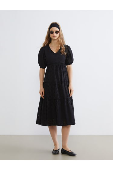 V-Neck Openwork Balloon Sleeve Dress
