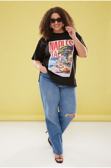 Black Crew Neck Wide Pattern Printed Plus Size Knitted T-shirt