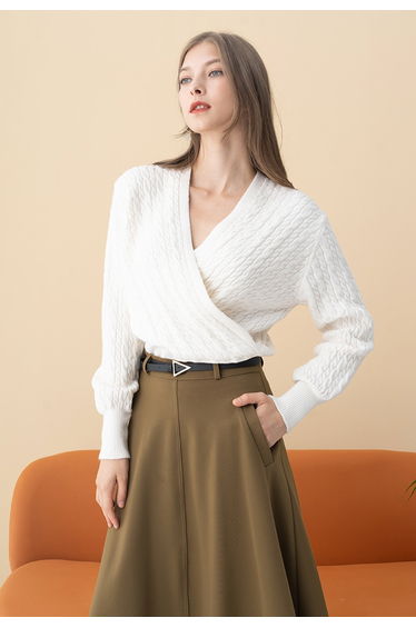 Cable Knit Wrap Front Crop Sweater in Cream