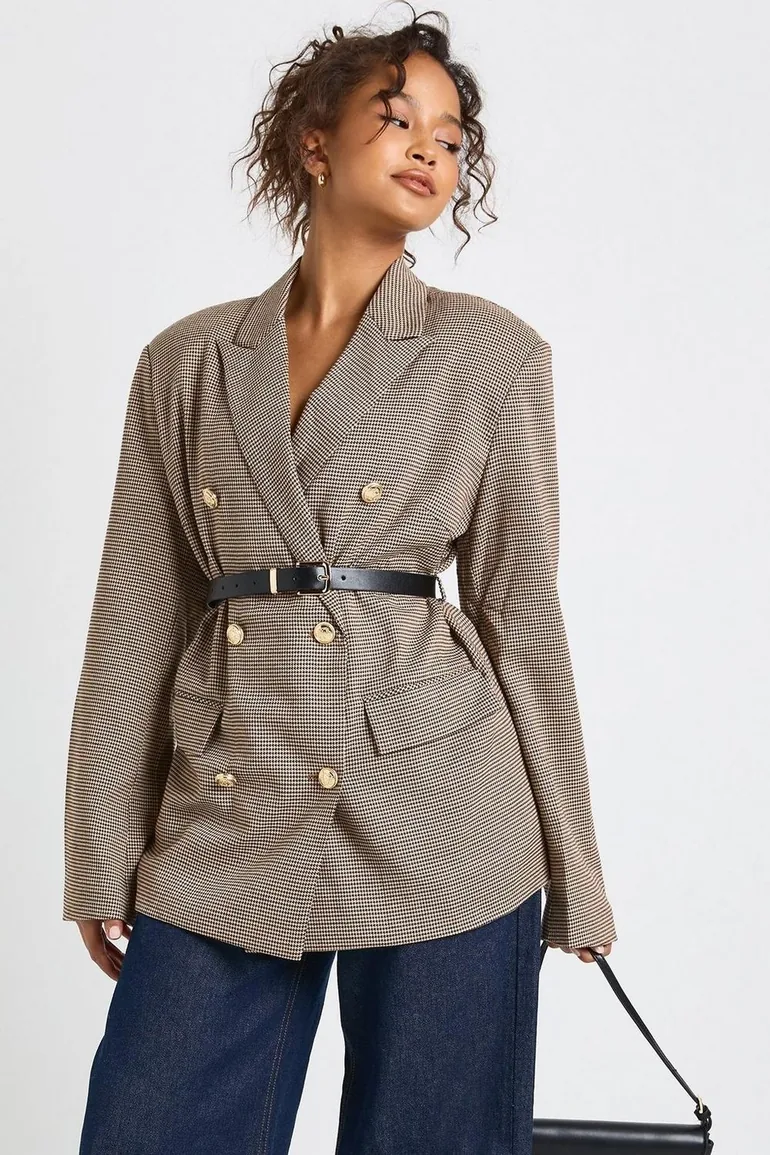 Houndstooth Belted Double Breasted Blazer