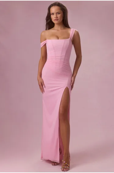 Premium Mesh Draped Corset Gown in Candyfloss Pink