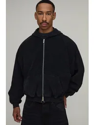 Oversized Boxy Drop Shoulder Loopback Wash Zip Through Hoodie - washed black