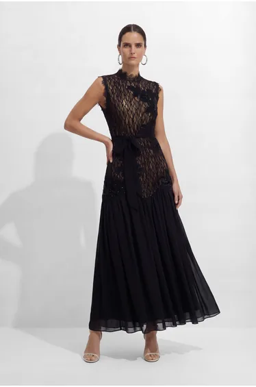 Out In Elegance Black Floral Applique Lace Bodice Maxi Dress