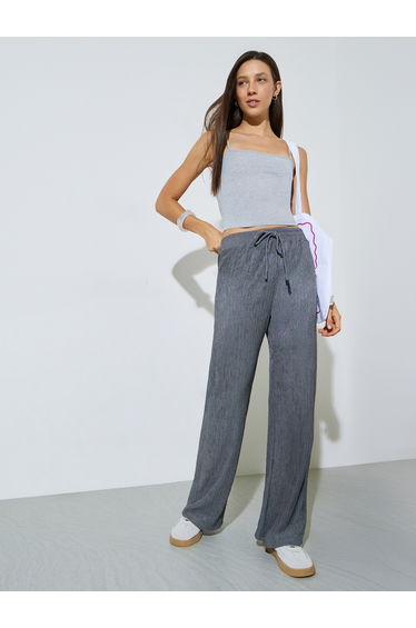 Grey Textured Wide Leg Drawstring Pants