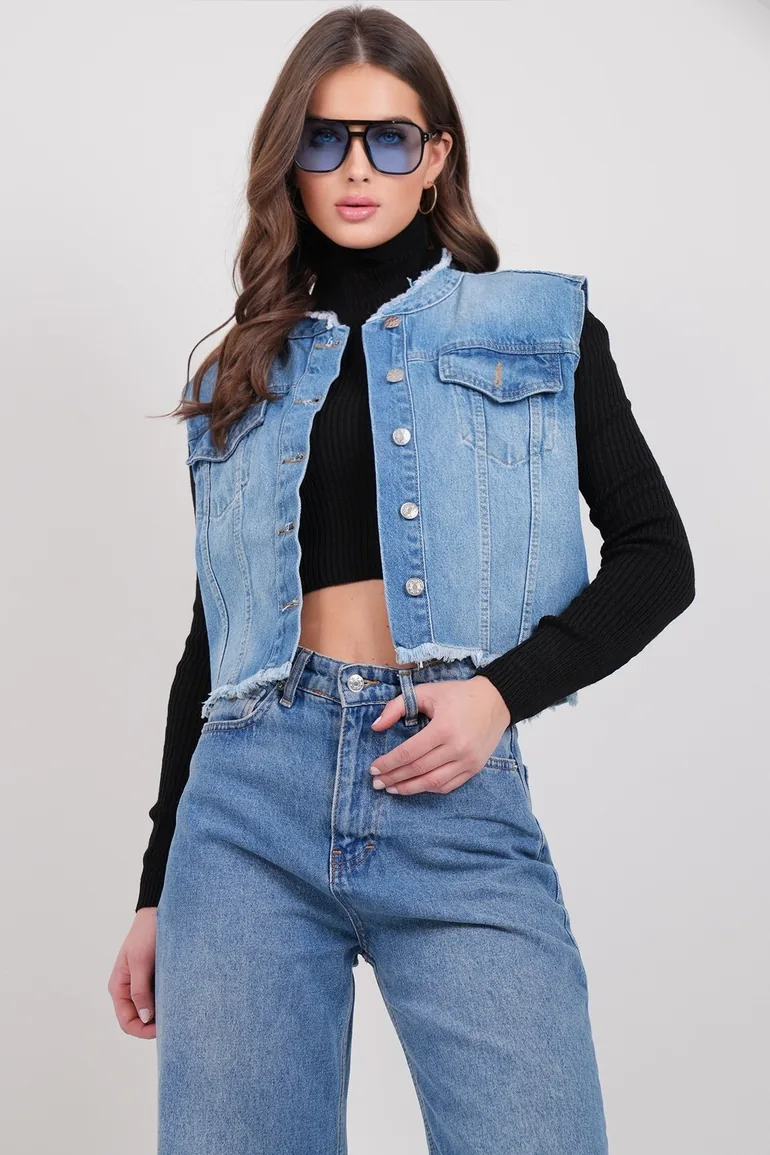 Women's Blue Double Pocket Skirt Tassel Denim Vest