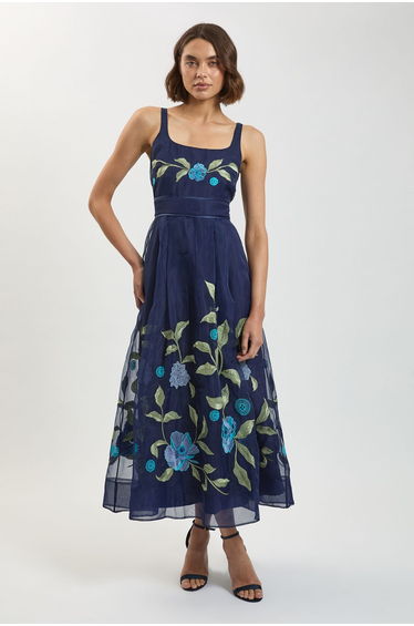 Embroidered Detail Organdie Midi Dress