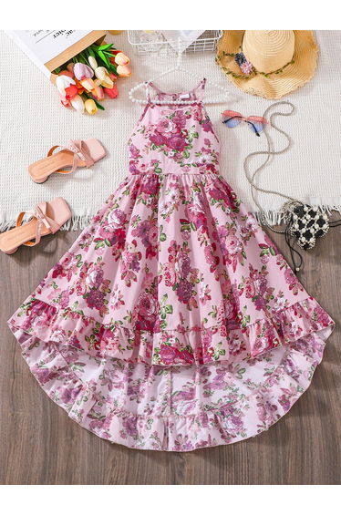 Girls Floral Print Sleeveless Ruffle Hem Dress