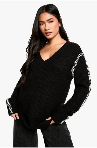 Premium Contrast Trim V Neck Longline Jumper