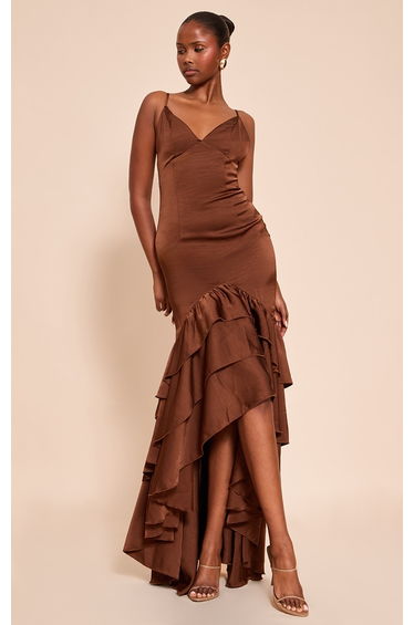 Chocolate Satin Plunge Extreme Frill Hem Maxi Dress