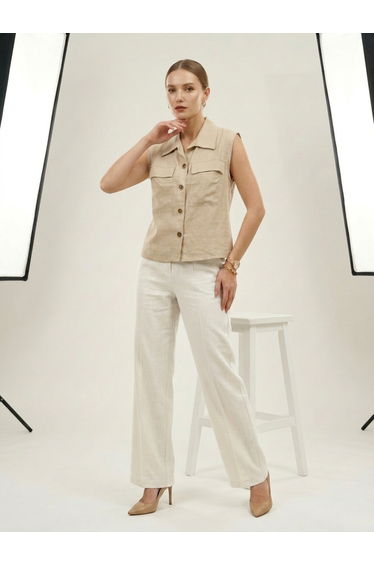 Beige Sleeveless Shirt with Pocket Detail