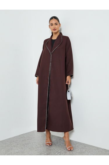Brown Embroidered Trim A-Line Abaya