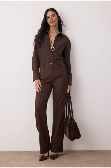 Dark brown straight-fit high-waisted ribbed knit trousers