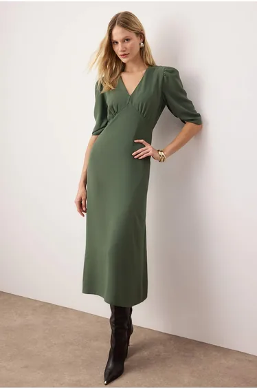 Khaki A-Line Sleeves Gather Detail Midi Woven Dress