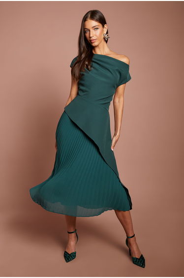Off The Shoulder Waterfall Detail Pleated Skirt Midi Dress
