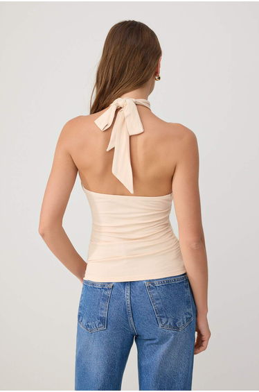 Beige Plain Fitted Halter Neck Sleeveless Stretchy Knitted Blouse product thumbnail 4