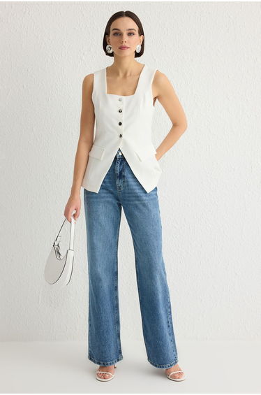 White Fitted Square Collar Thick Strappy Woven Vest