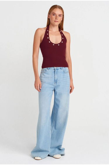 Dilvin Crop Halterneck Ribbed Blouse With Stone Detail