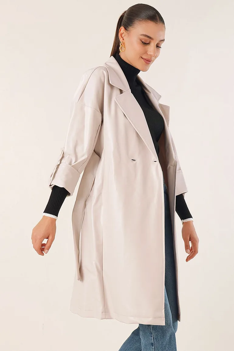 Belted Faux Leather Trench Coat - 1