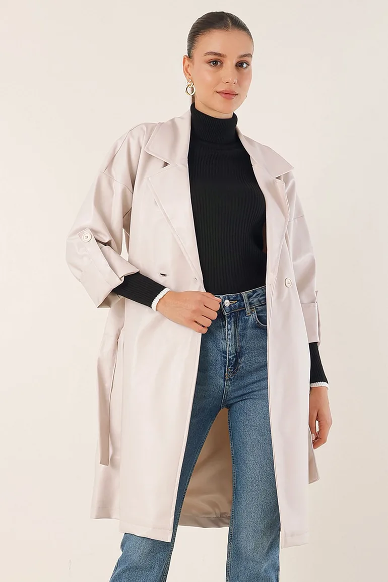 Belted Faux Leather Trench Coat - 2