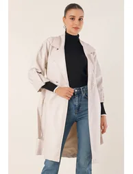 Belted Faux Leather Trench Coat - 2