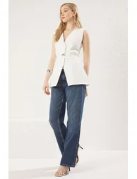 White Regular Belt Detailed V-Neck Woven Vest
