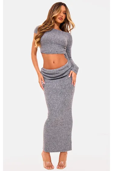 Charcoal Ribbed Knit Ruched Fold Over Maxi Skirt