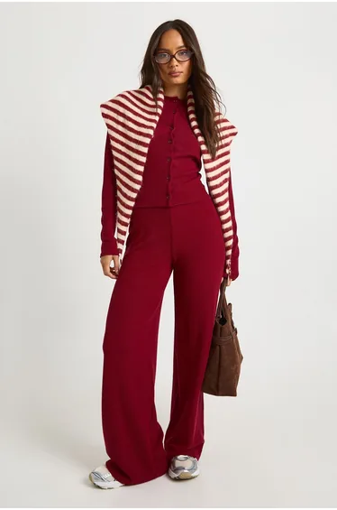 Rib Button Through Long Sleeve Top and Wide Leg Trouser Co-ord - wine
