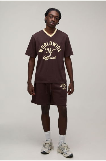 Regular Fit Worldwide Printed T-Shirt & Short Set - chocolate
