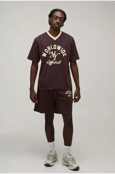 Regular Fit Worldwide Printed T-Shirt & Short Set - chocolate