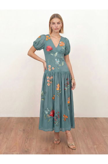 Maya Turquoise Floral Embroidered Dropped Waist Midaxi Dress