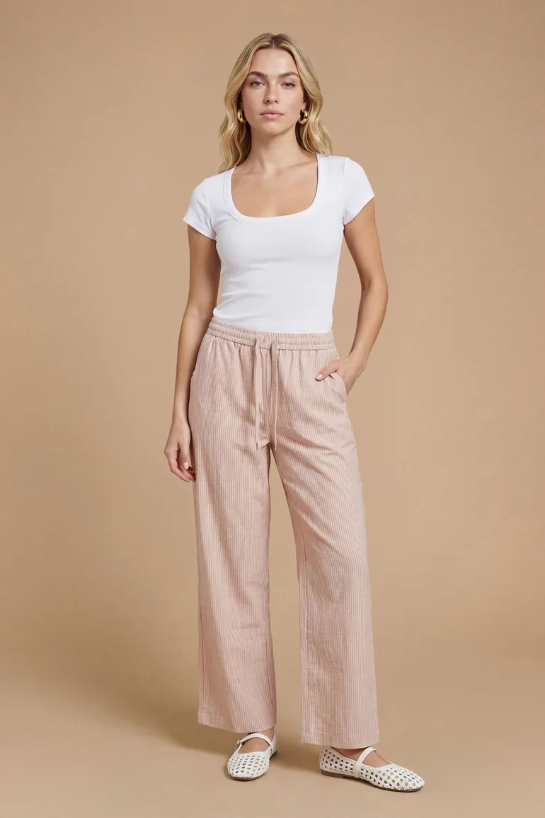Pinstripe Tie Waist Wide Leg Relaxed Trouser