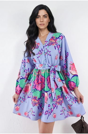 MSN Floral V-Neck A-Line Mini Dress with Belt