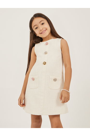 Tweed Sleeveless Dress with Button Detail