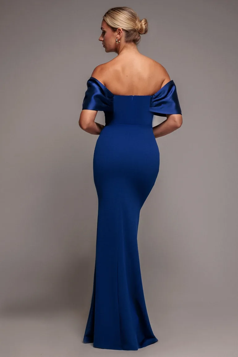 one shoulder evening maxi dress - navy by goddiva reviews One Shoulder Satin Bow Scuba Crepe Maxi Dress - Navy