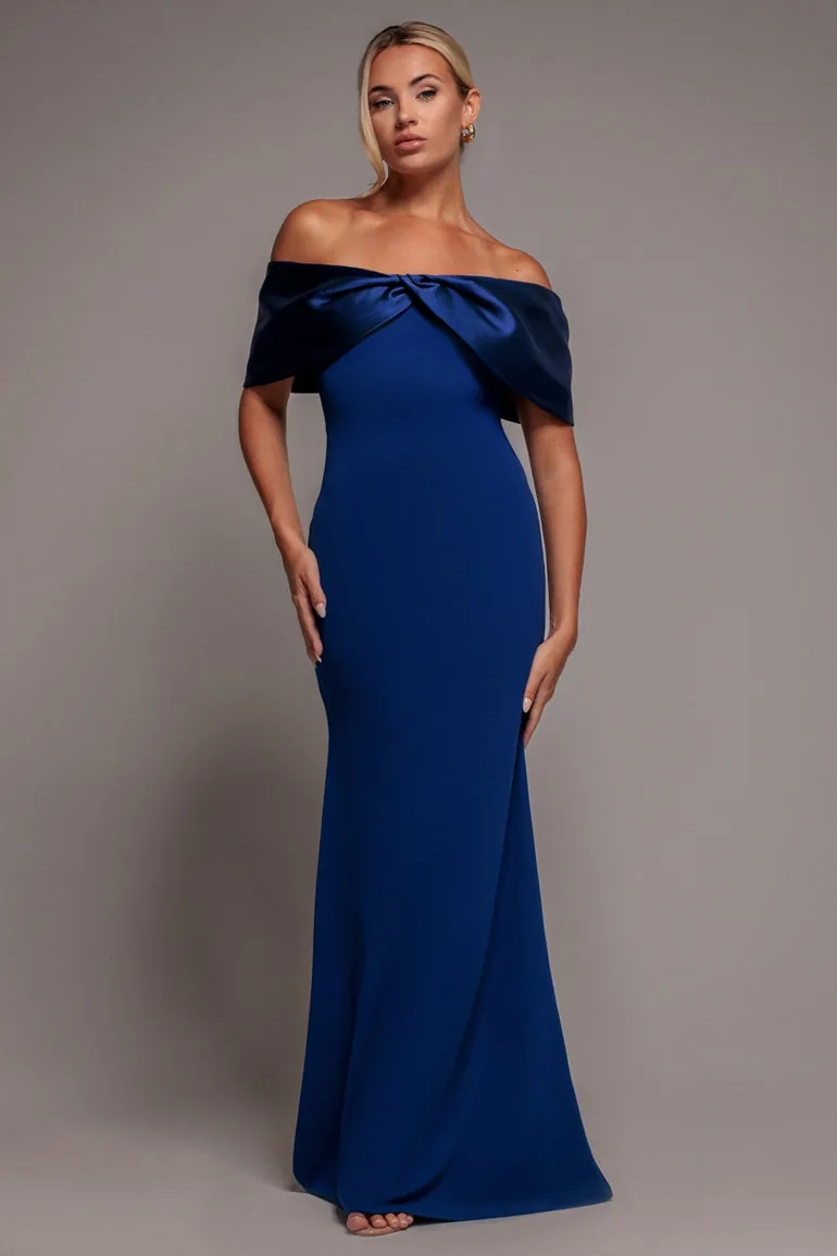 Goddiva Twist Knot Satin & Scuba Bardot Maxi Dress - Royal Blue Goddiva Navy : Evening Dresses : VogaCloset Iraq Goddiva Twist Knot Satin & Scuba Bardot Maxi Dress - Royal Blue Goddiva Navy : Evening Dresses : VogaCloset Iraq