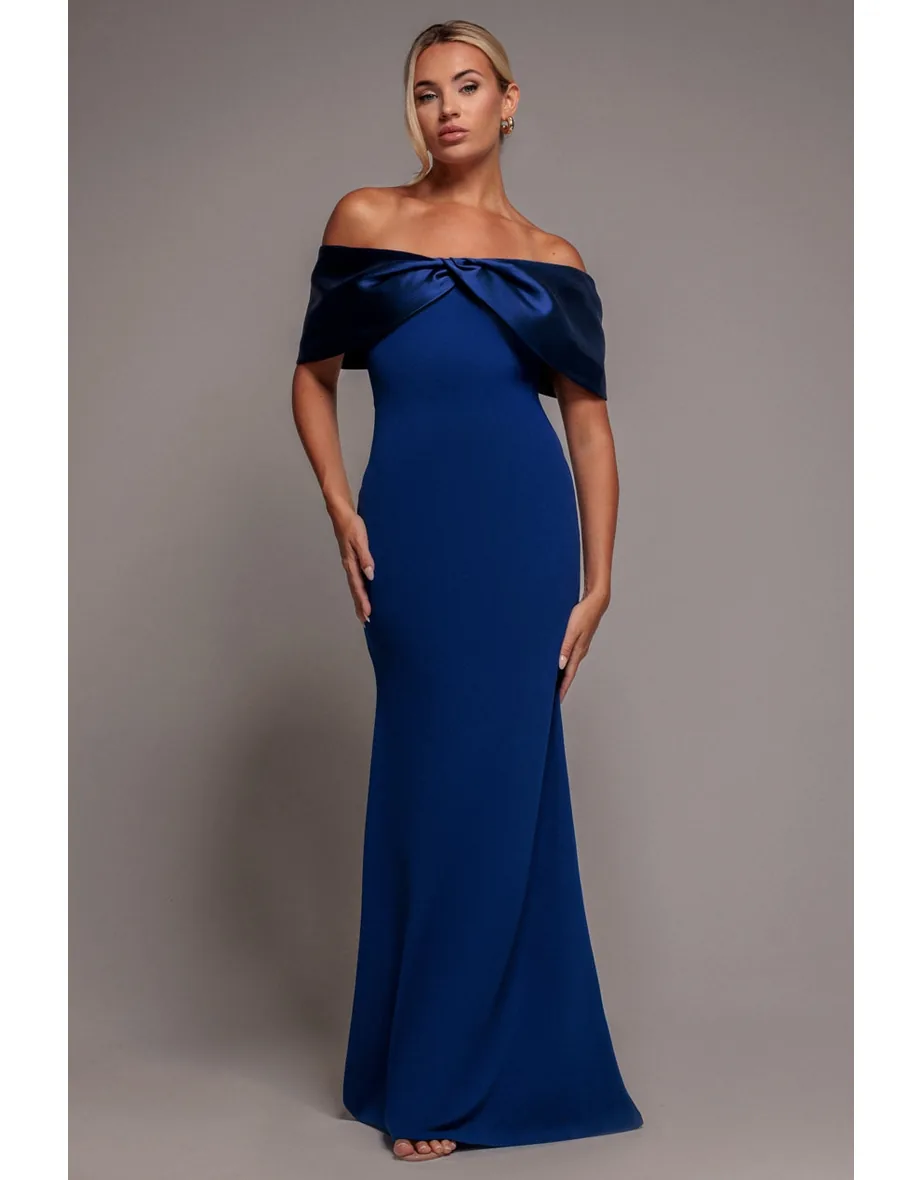 Goddiva Twist Knot Satin & Scuba Bardot Maxi Dress - Royal Blue Goddiva Navy  : Evening Dresses : VogaCloset Oman