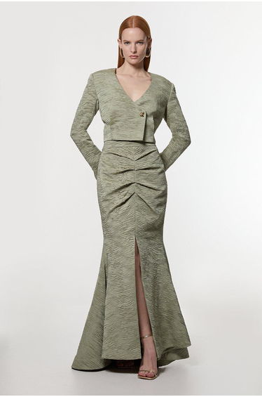 Crinkle Satin Pleated Tailored Maxi Skirt