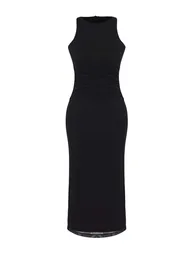 Black Floral Bodycon Knitted Tulle Midi Lined Graduation/Prom Dress