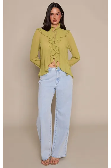 Apple Green Chiffon Ruffle Tie Front Blouse