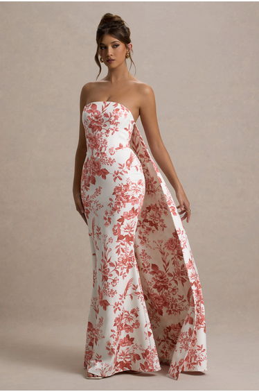 Lywenn | Pink Porcelain Print Bandeau Maxi Dress With Cape