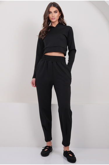 Women's Black Hooded Crop Sweatshirt and Stitching Detailed Trousers Set