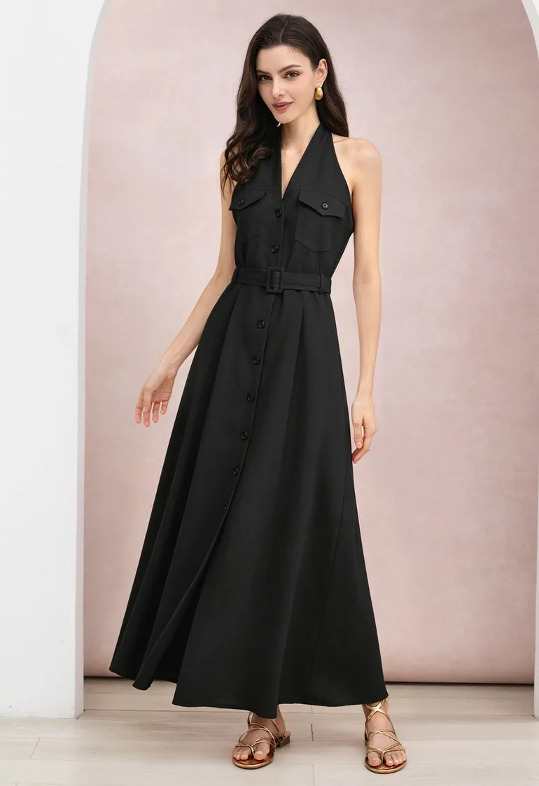 Button-Down Flap Pockets Belted Halter Maxi Dress in Black for Office Days  & Weekend Events Chicwish Black : Evening Dresses : VogaCloset Oman