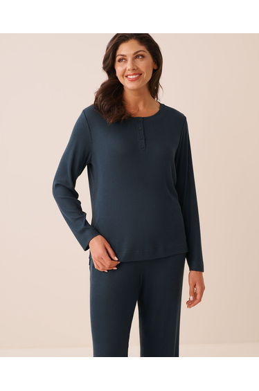 Ribbed Knit Long Sleeve Henley Shirt