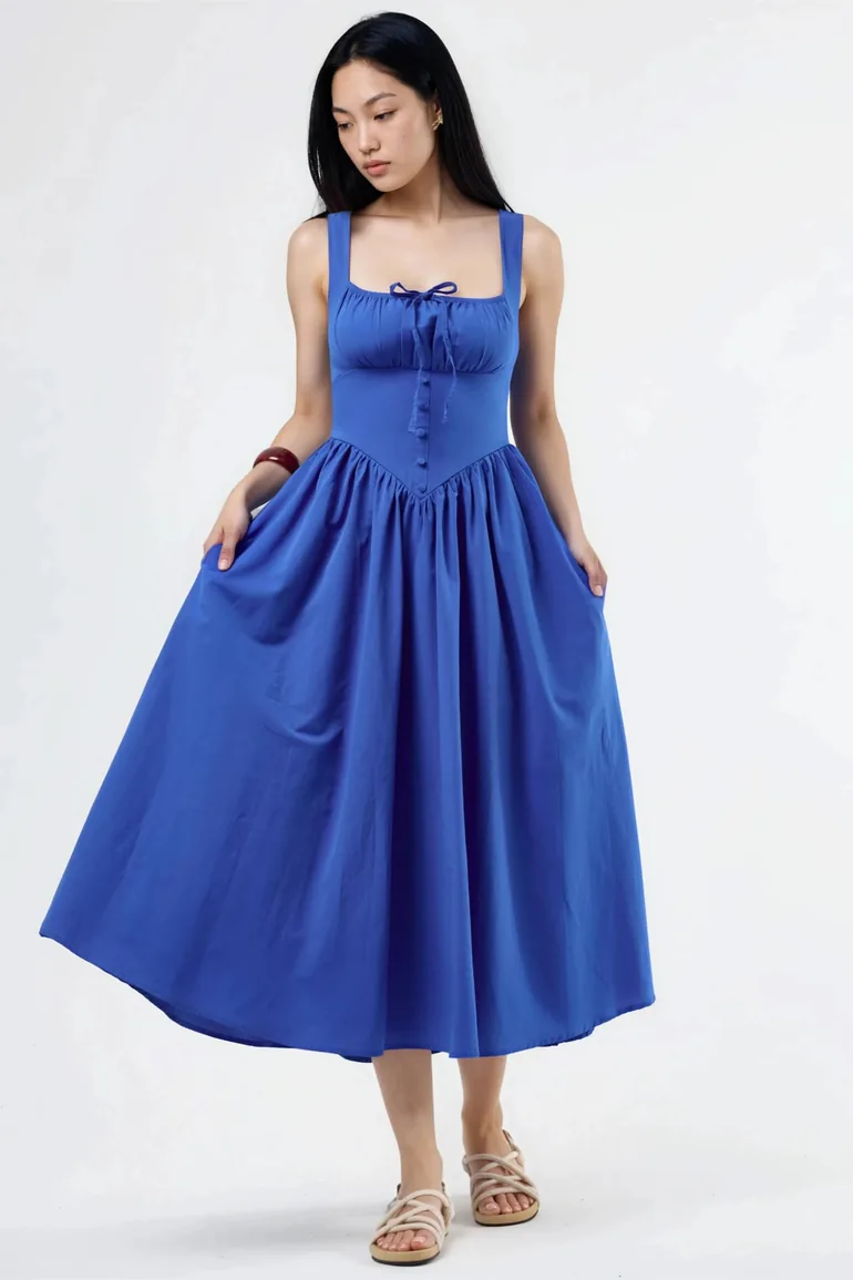 BUSEM Midi Dress with Square Collar and Button Detail - 1