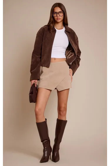 Sand Faux Suede Wrap Mini Skirt
