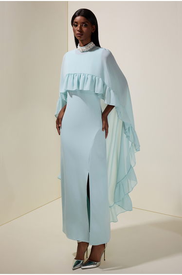 Sleeveless Midi Dress With Rhinestone Ruffle Cape