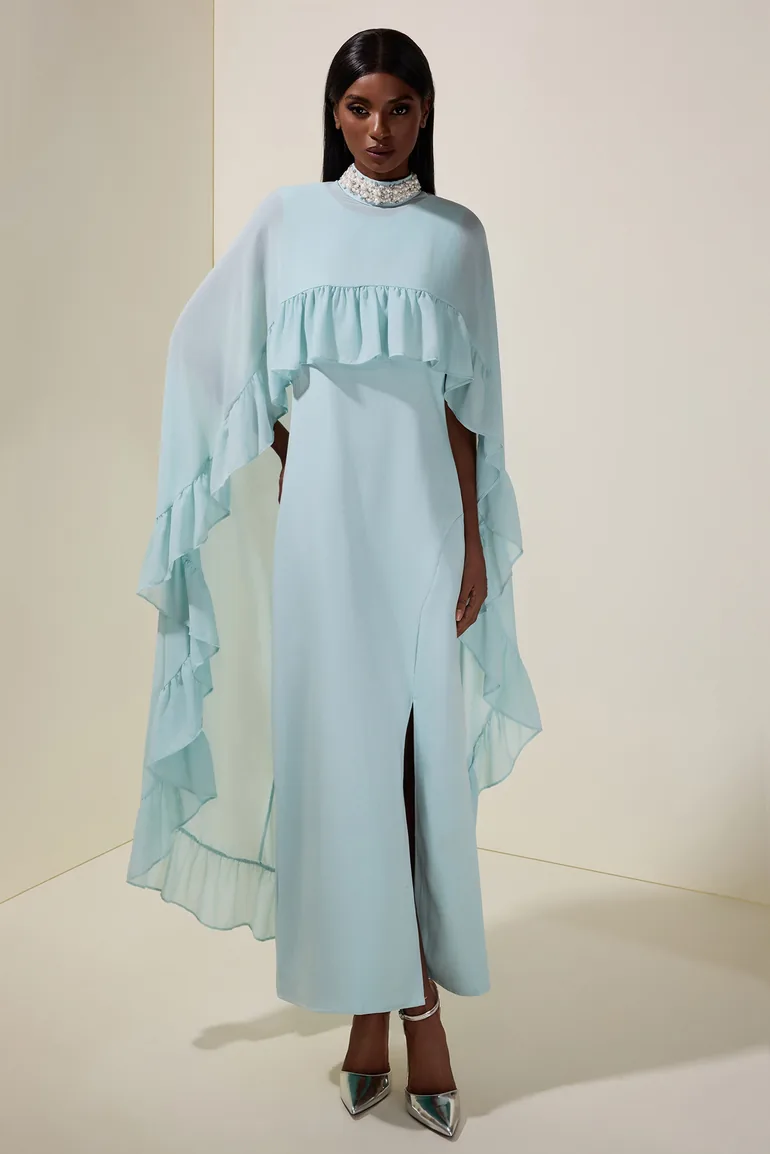 blue prom dress with lace sleeves Joseph Ribkoff Ocean Blue Cape Dress Style 242731  DECABANA